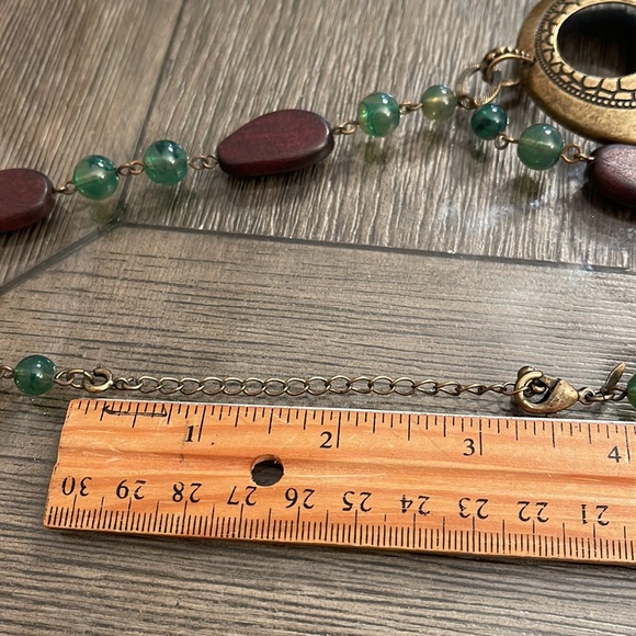 Vintage Avon Brown Wood & Acrylic Green Beaded Necklace with Round Medallion - Picture 12 of 15